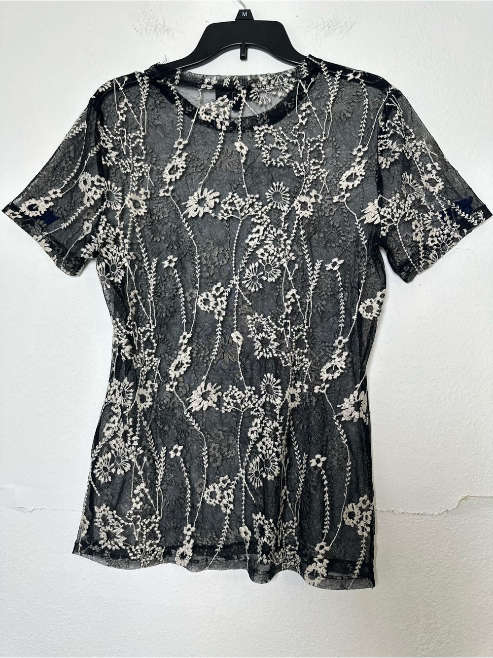 Karen Kane Women’s L Sheer Mesh Black/Cream Embroidered Short Sleeve Top Boho - Picture 3 of 11